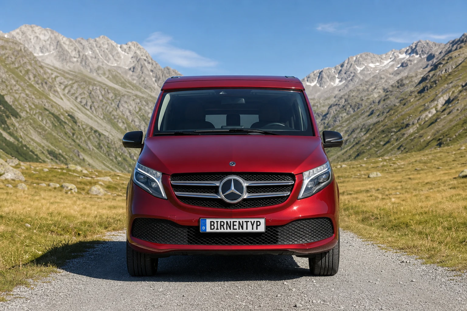 Frontansicht des Mercedes-Benz Vito/V-Klasse/Viano/Marco Polo 3 (Marco Polo Campervan (W447)) (mit KI erzeugt)