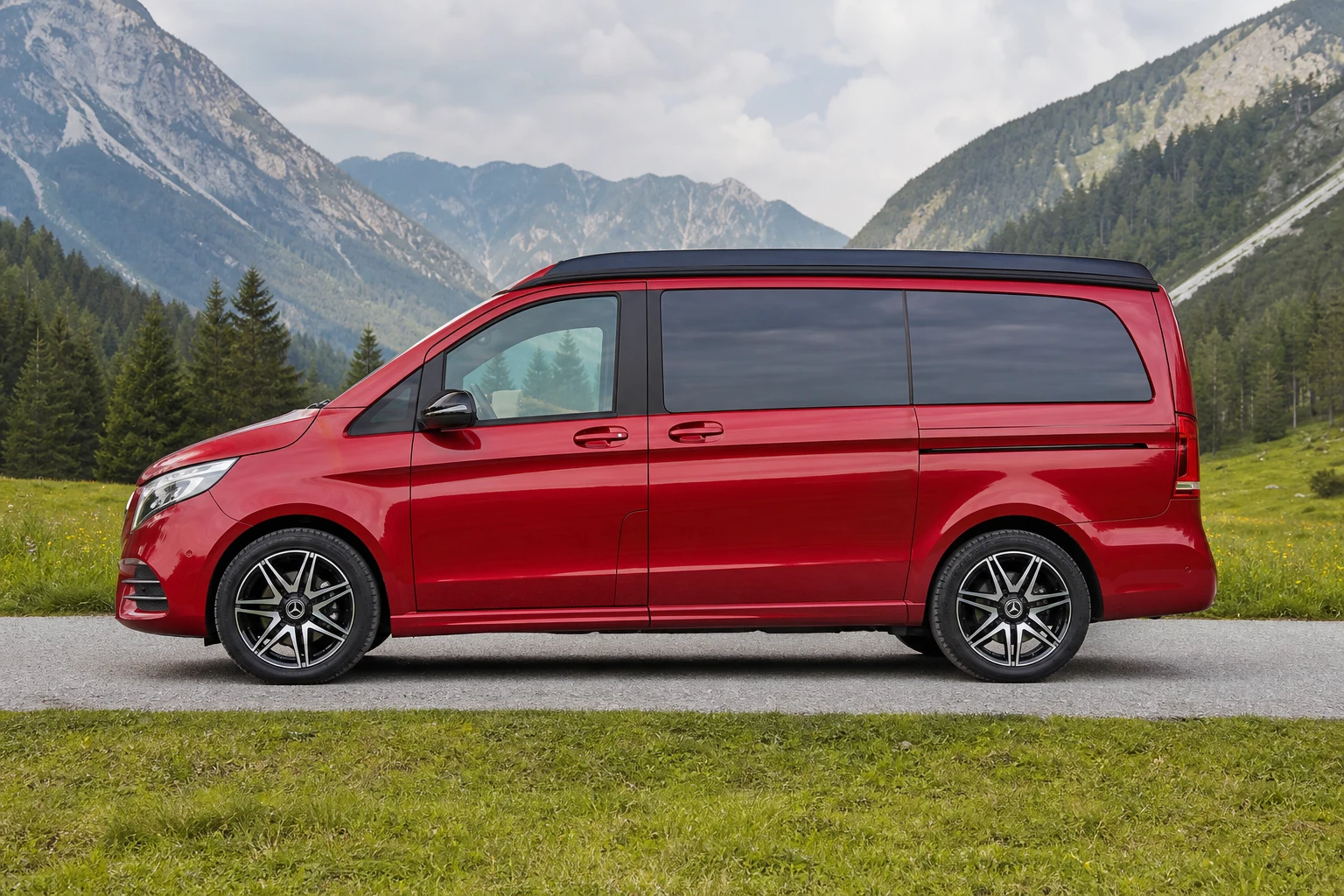 Seitenansicht (Fahrerseite) des Mercedes-Benz Vito/V-Klasse/Viano/Marco Polo 3 als Marco Polo Campervan (W447) (mit KI erzeugt)
