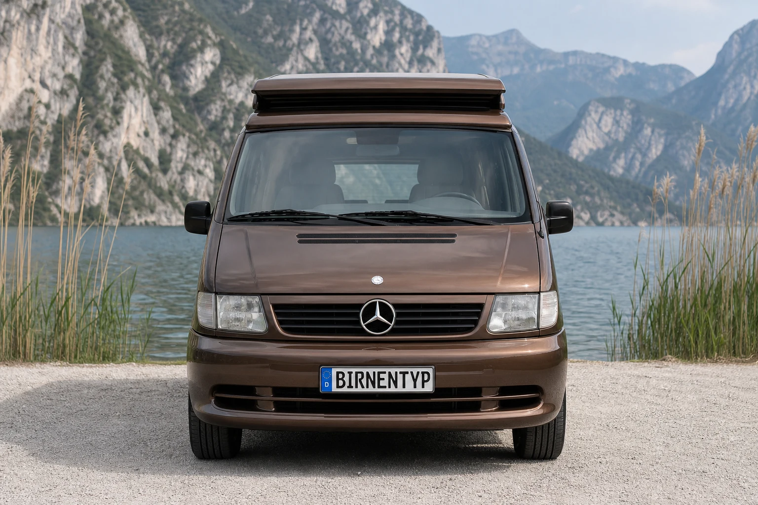 Frontansicht des Mercedes-Benz Vito/V-Klasse/Viano/Marco Polo 1 (Marco Polo Campervan mit Aufstelldach (W638)) (mit KI erzeugt)