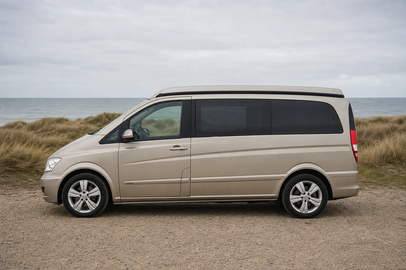 Seitenansicht (Fahrerseite) des Mercedes-Benz Vito/V-Klasse/Viano/Marco Polo 2 als Marco Polo Campervan (W639) (mit KI erzeugt)