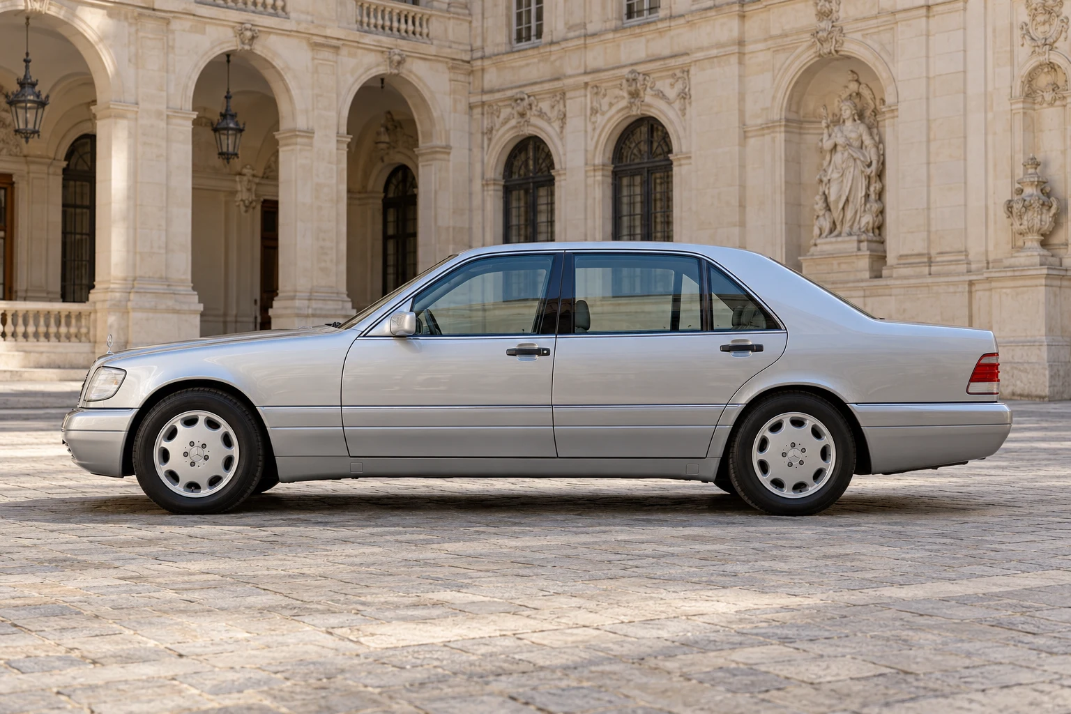 Seitenansicht (Fahrerseite) des Mercedes-Benz S-Klasse 3 als 600 SEL / S 600 V12 (mit KI erzeugt)