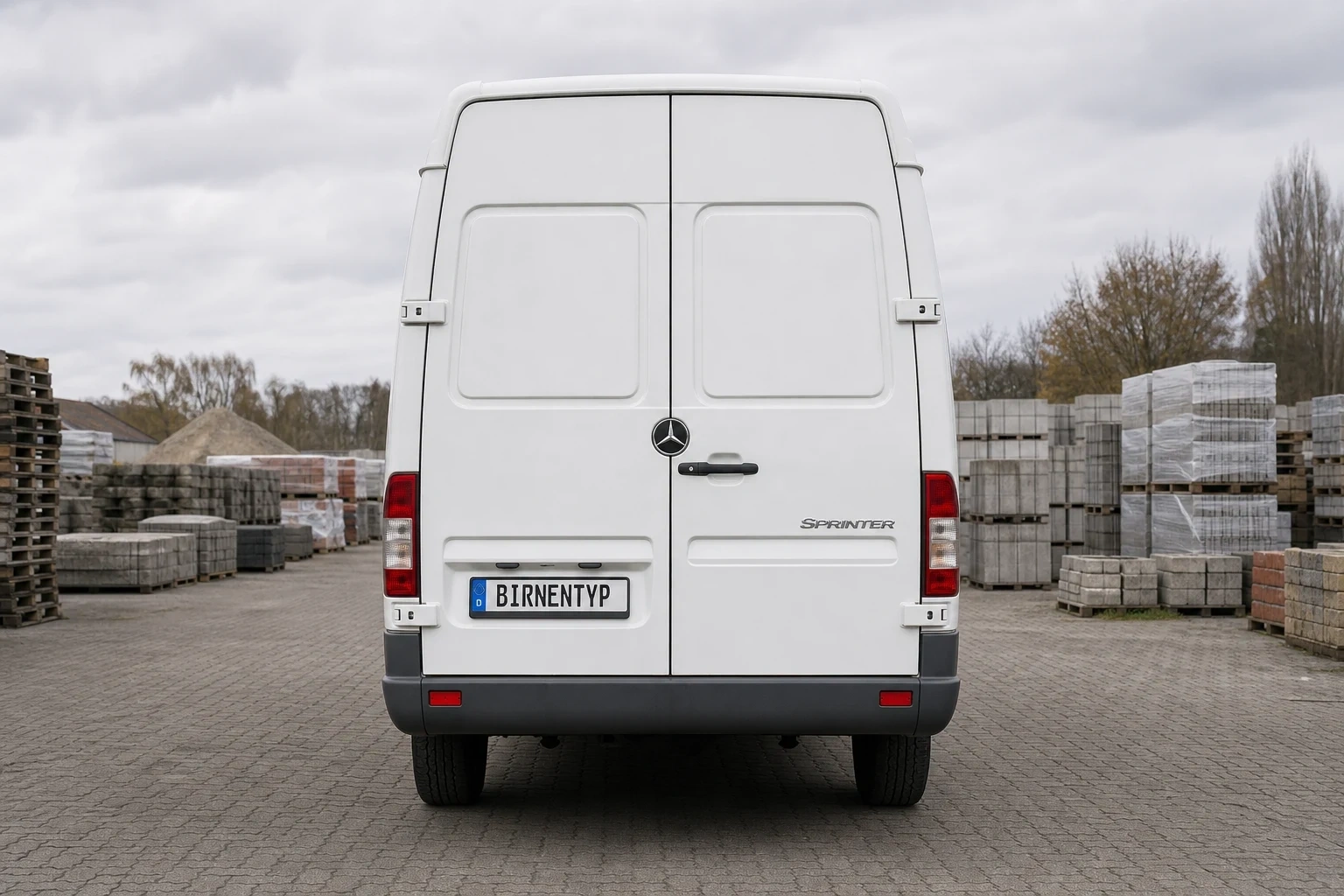 Heck-Ansicht des Mercedes-Benz Sprinter 1. Gen (mit KI erzeugt)