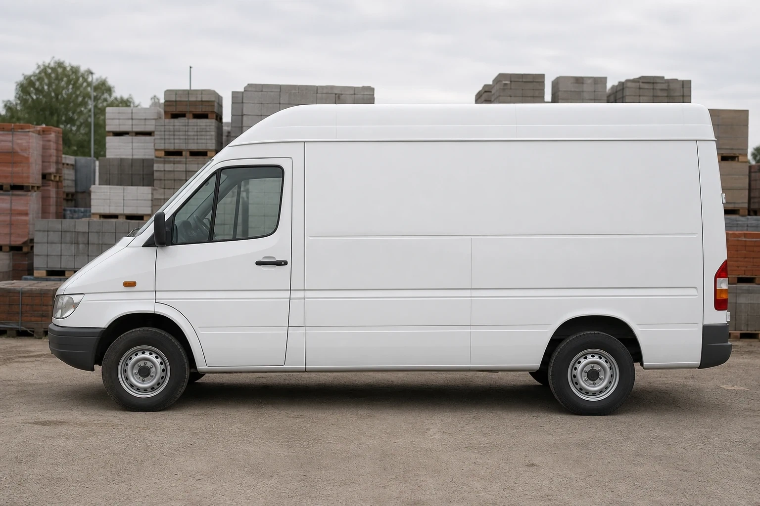 Seitenansicht (Fahrerseite) des Mercedes-Benz Sprinter 1. Gen als Kastenwagen geschlossen (T1N) (mit KI erzeugt)