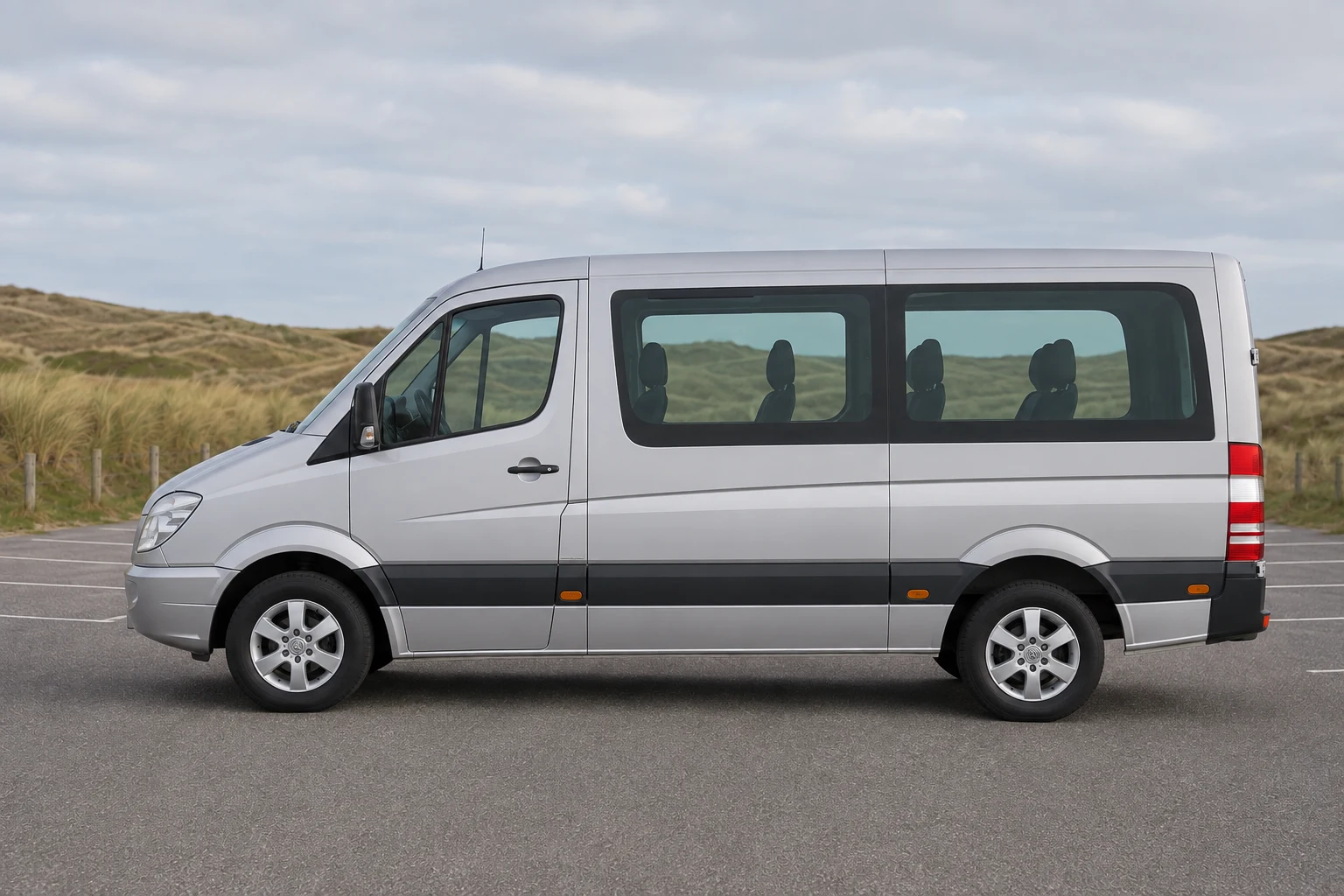 Seitenansicht (Fahrerseite) des Mercedes-Benz Sprinter 2 als Kombi / Tourer / Bus (W906) (mit KI erzeugt)
