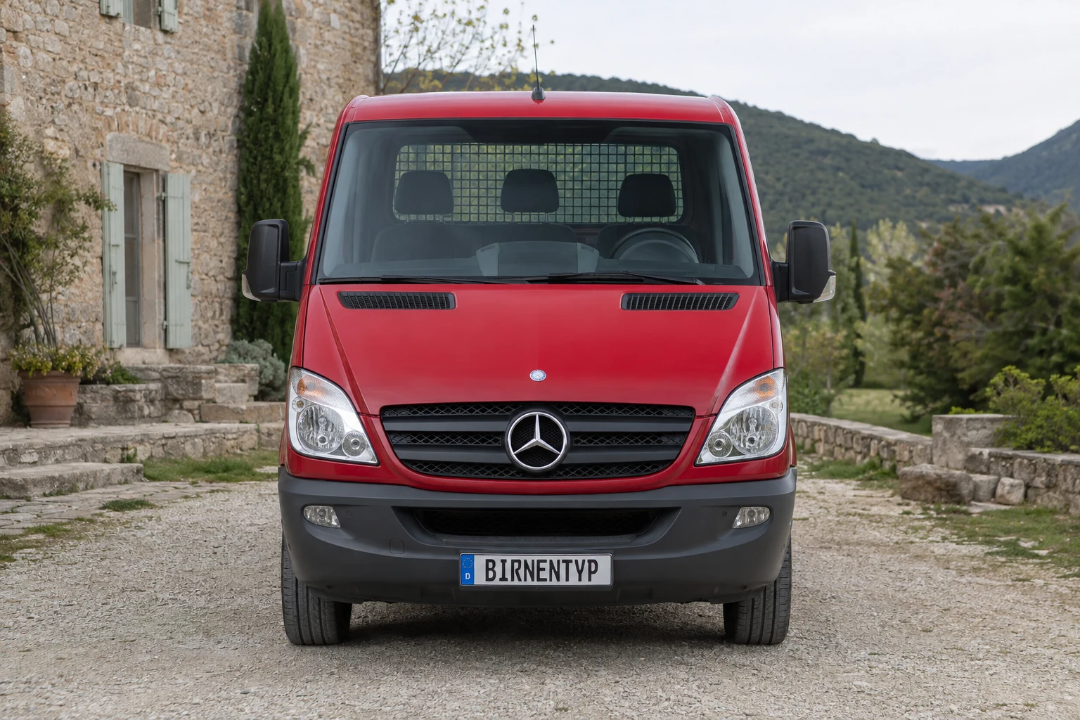 Frontansicht des Mercedes-Benz Sprinter 2 (Pritsche / Fahrgestell / Kipper (W906)) (mit KI erzeugt)