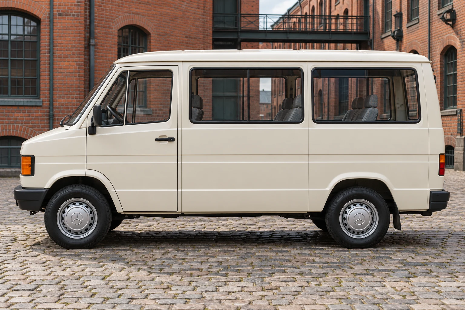 Seitenansicht (Fahrerseite) des Mercedes-Benz T1 als Bus (mit KI erzeugt)