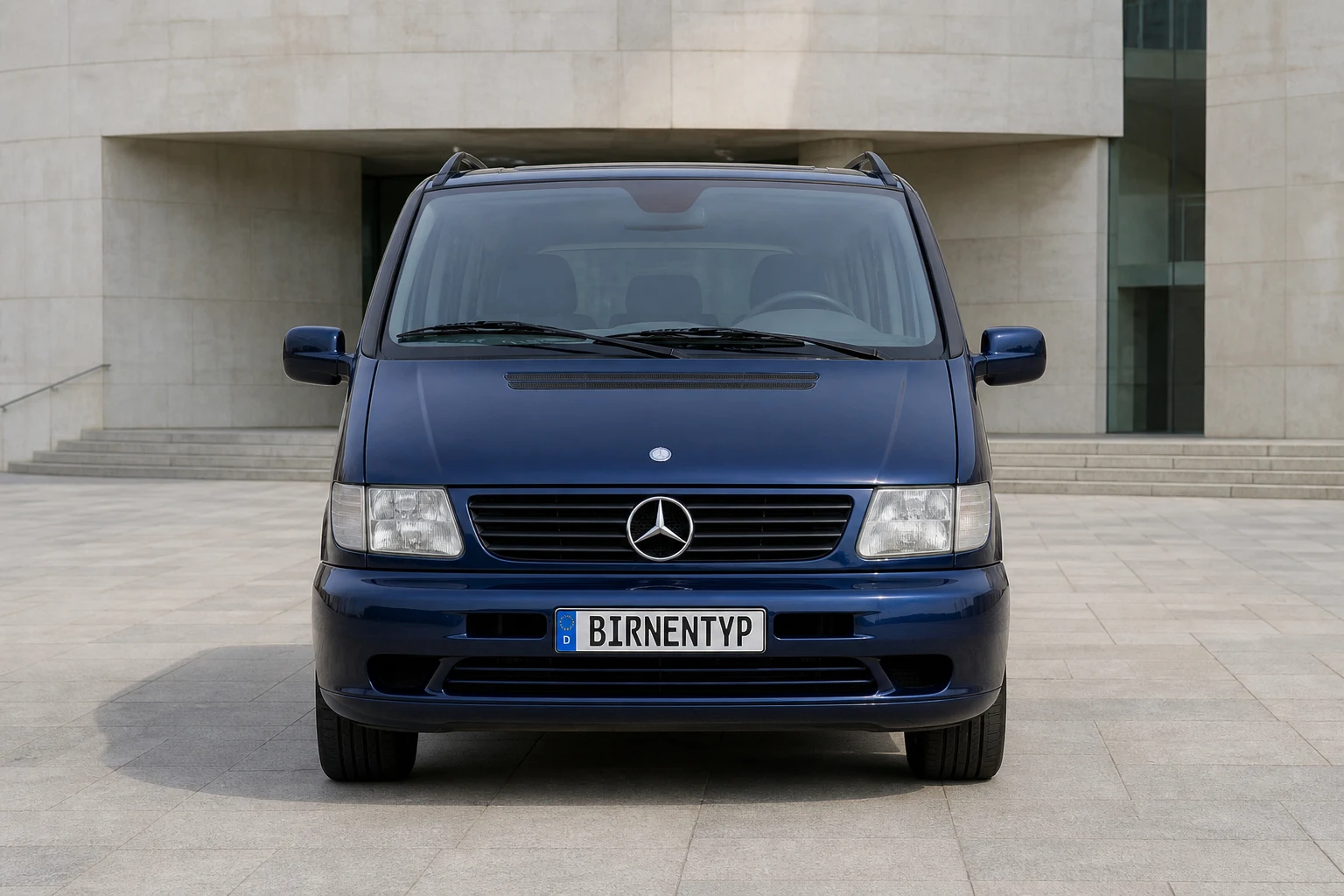 Frontansicht des Mercedes-Benz Vito/V-Klasse/Viano/Marco Polo 1 (V-Klasse Großraumlimousine (W638/2)) (mit KI erzeugt)