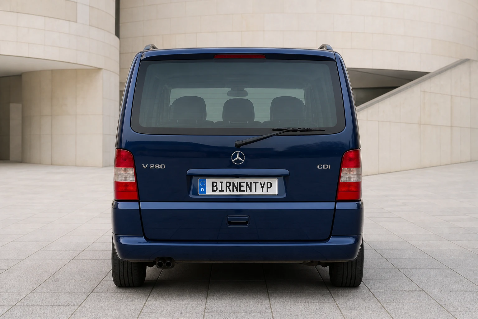 Heck-Ansicht des Mercedes-Benz Vito/V-Klasse/Viano/Marco Polo 1 (V-Klasse Großraumlimousine (W638/2)) (mit KI erzeugt)