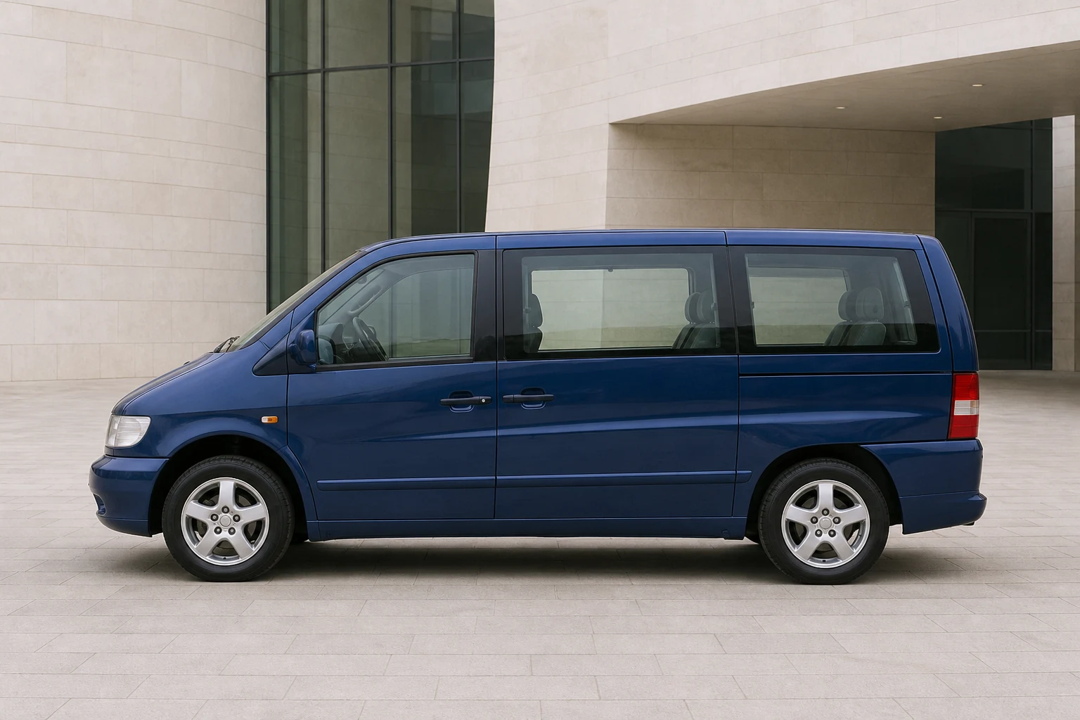 Seitenansicht (Fahrerseite) des Mercedes-Benz Vito/V-Klasse/Viano/Marco Polo 1 als V-Klasse Großraumlimousine (W638/2) (mit KI erzeugt)