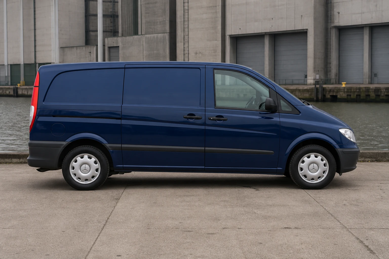 Seitenansicht (Fahrerseite) des Mercedes-Benz Vito/V-Klasse/Viano/Marco Polo 2 als Vito Kastenwagen / Mixto (W639) (mit KI erzeugt)