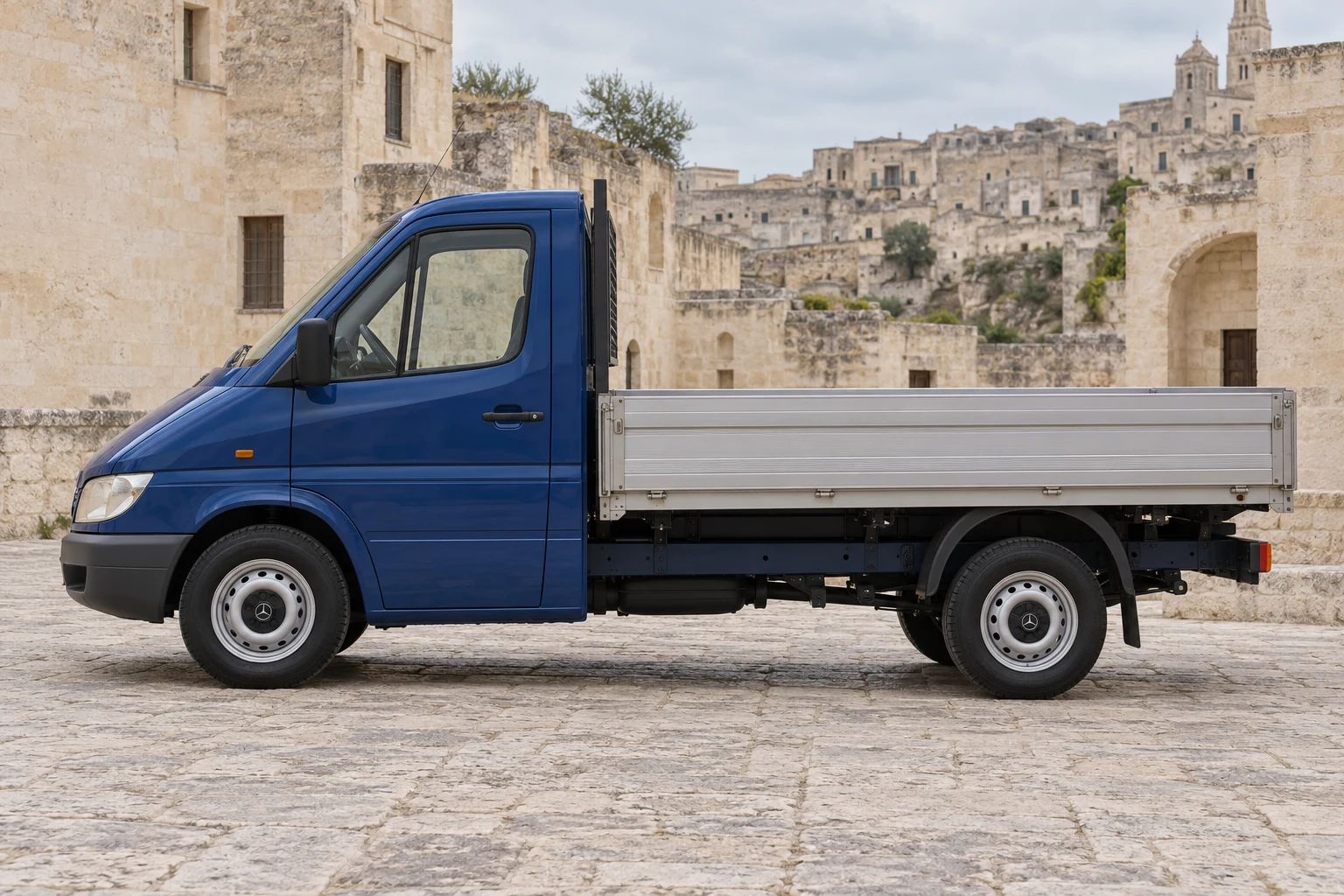 Seitenansicht (Fahrerseite) des Mercedes-Benz Sprinter 1 als Pritsche / Fahrgestell / Kipper (T1N) (mit KI erzeugt)