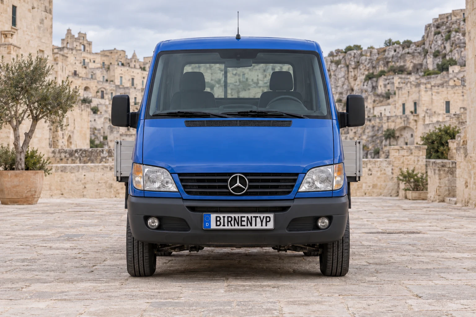 Frontansicht des Mercedes-Benz Sprinter 1 (Pritsche / Fahrgestell / Kipper (T1N)) (mit KI erzeugt)