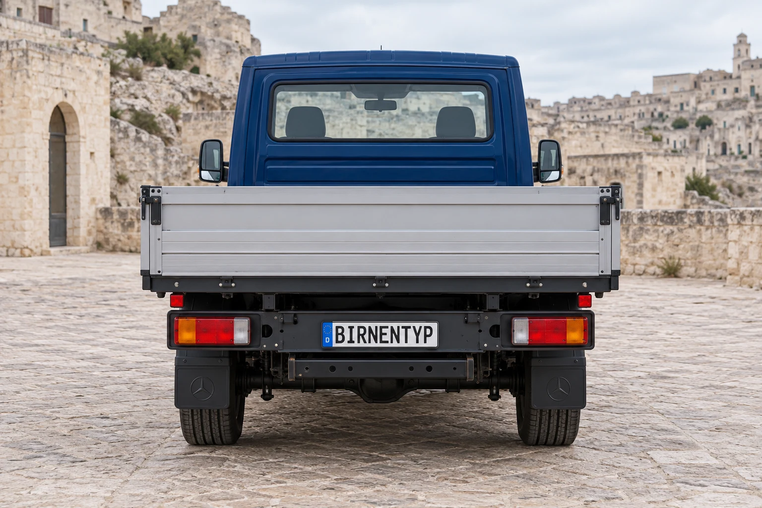 Heck-Ansicht des Mercedes-Benz Sprinter 1 (Pritsche / Fahrgestell / Kipper (T1N)) (mit KI erzeugt)