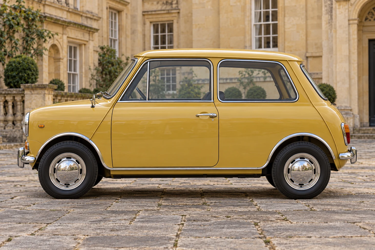 Seitenansicht (Fahrerseite) des BMC Mini 3 als Limousine (mit KI erzeugt)