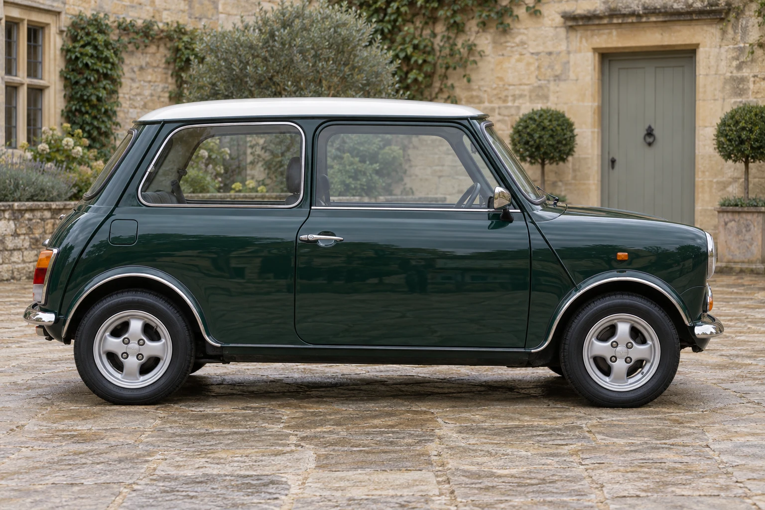 Seitenansicht (Fahrerseite) des BMC Mini 7 als Limousine (mit KI erzeugt)