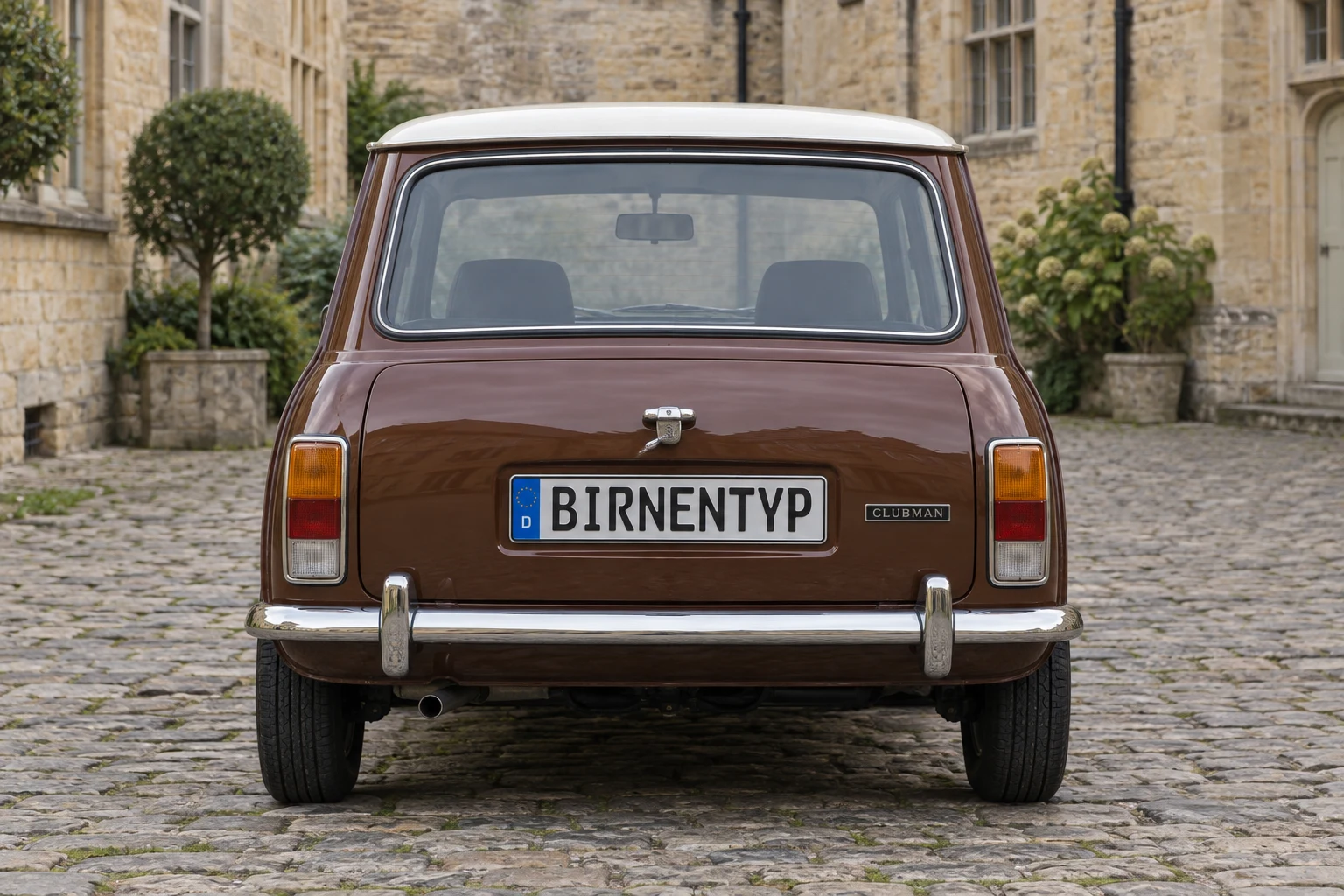 Heck-Ansicht des BMC Mini Clubman 1 (mit KI erzeugt)