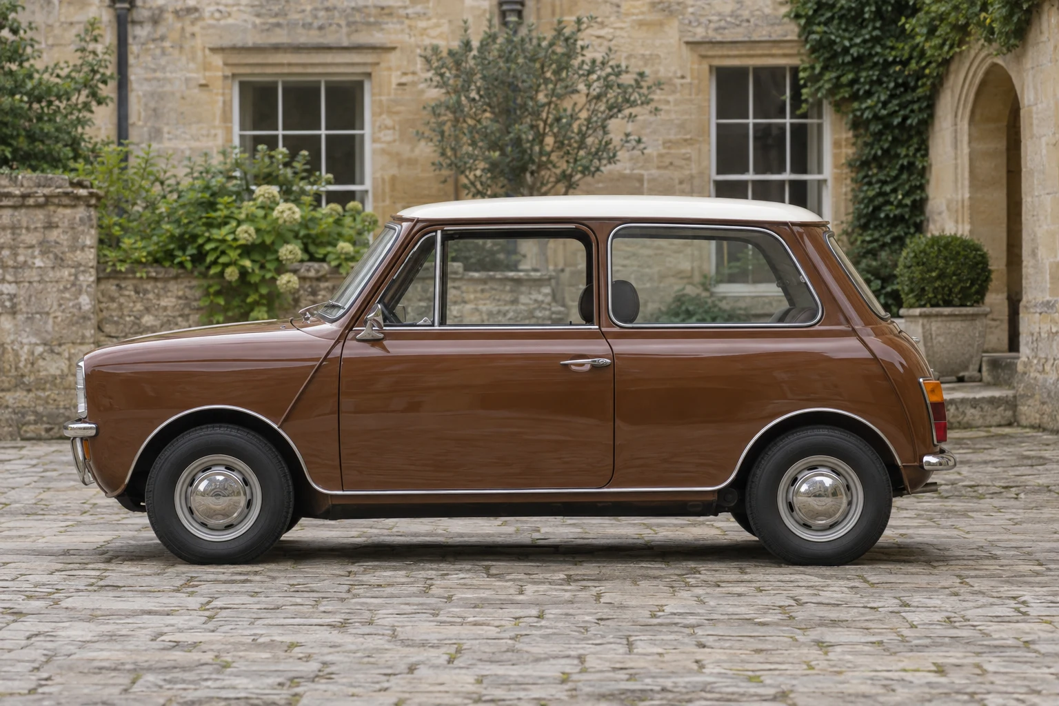 Seitenansicht (Fahrerseite) des BMC Mini Clubman 1 als Limousine (Clubman) (mit KI erzeugt)