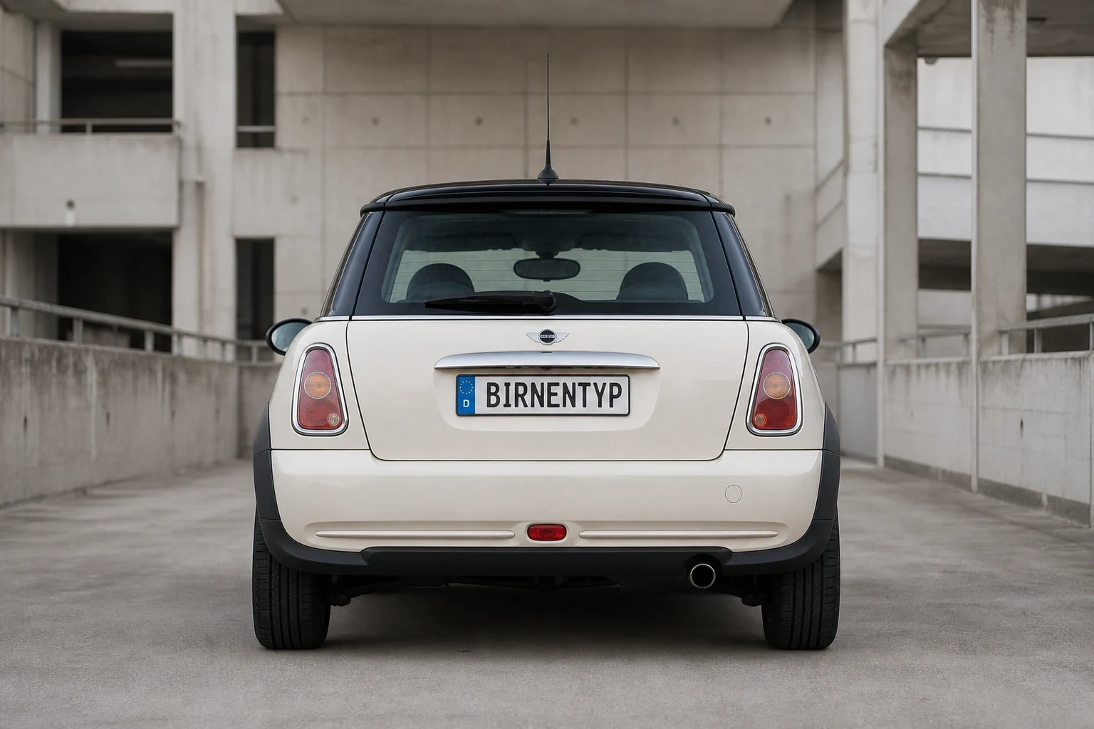 Heck-Ansicht des Mini Mini / Mini Cabrio 1. Gen (mit KI erzeugt)