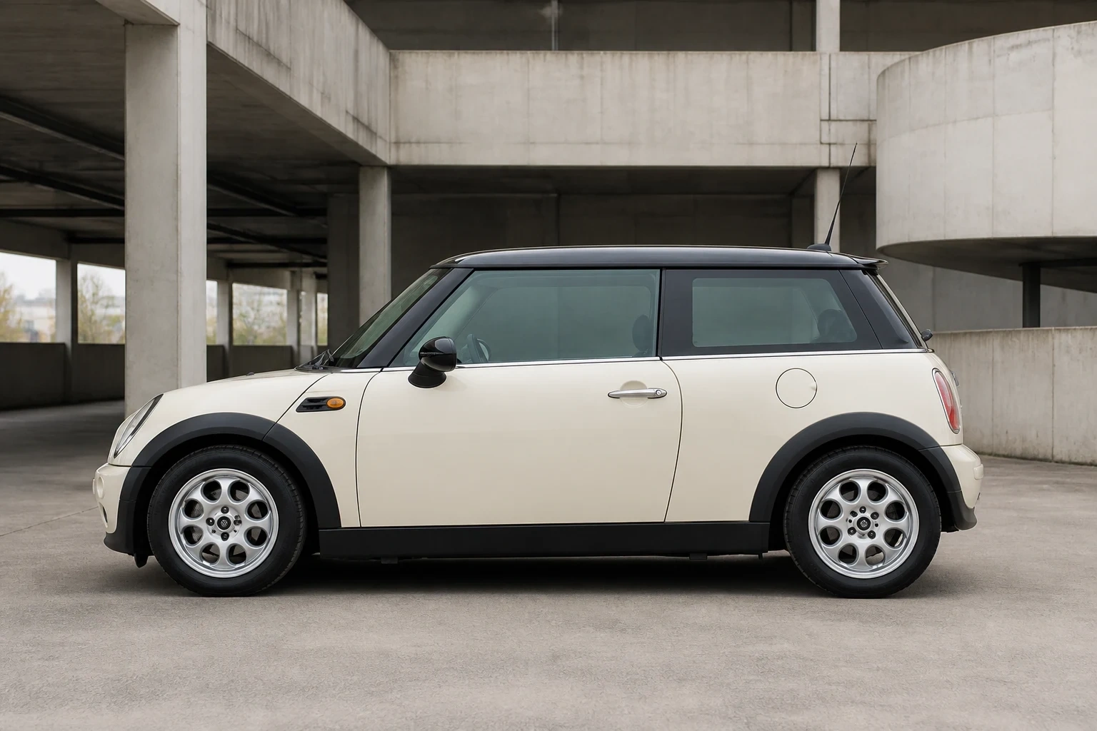 Seitenansicht (Fahrerseite) des Mini Mini / Mini Cabrio 1. Gen als 3-Türer (mit KI erzeugt)