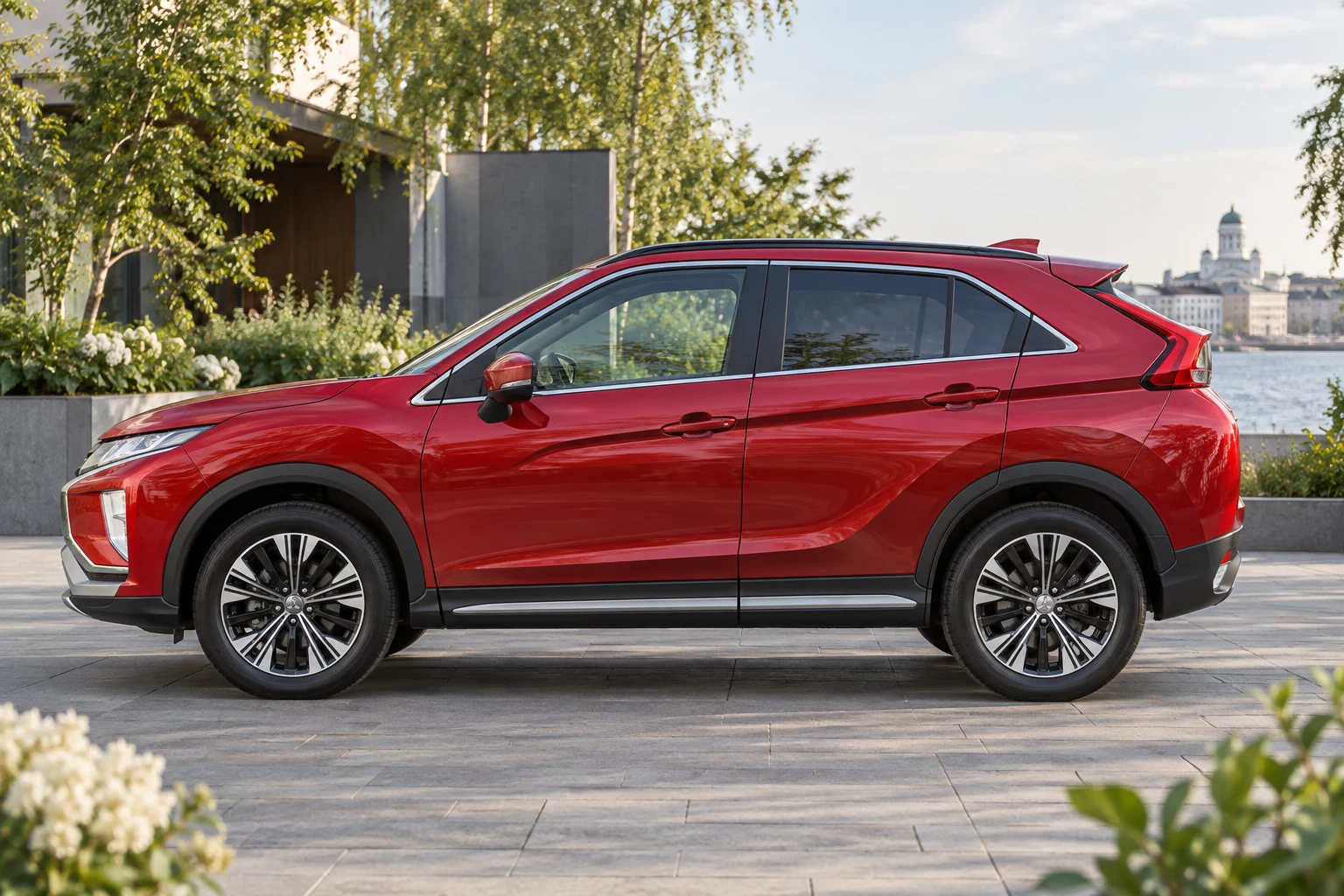 Seitenansicht (Fahrerseite) des Mitsubishi Eclipse Cross 1 als SUV (mit KI erzeugt)