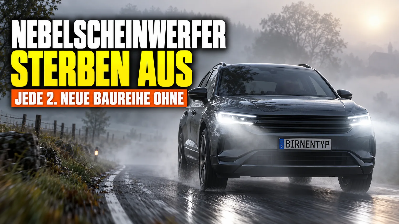 KI-generiertes Thumbnail: modernes SUV mit schmalen LED-Scheinwerfern und leerer Stoßstange ohne Nebelscheinwerfer im dichten Nebel, Kennzeichen BIRNENTYP, Aufschrift Nebelscheinwerfer sterben aus, jede 2. neue Baureihe ohne (mit KI erzeugt)