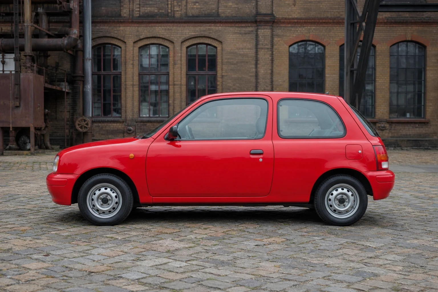 Seitenansicht (Fahrerseite) des Nissan Micra 2. Gen als 3-, 5-Türer (mit KI erzeugt)