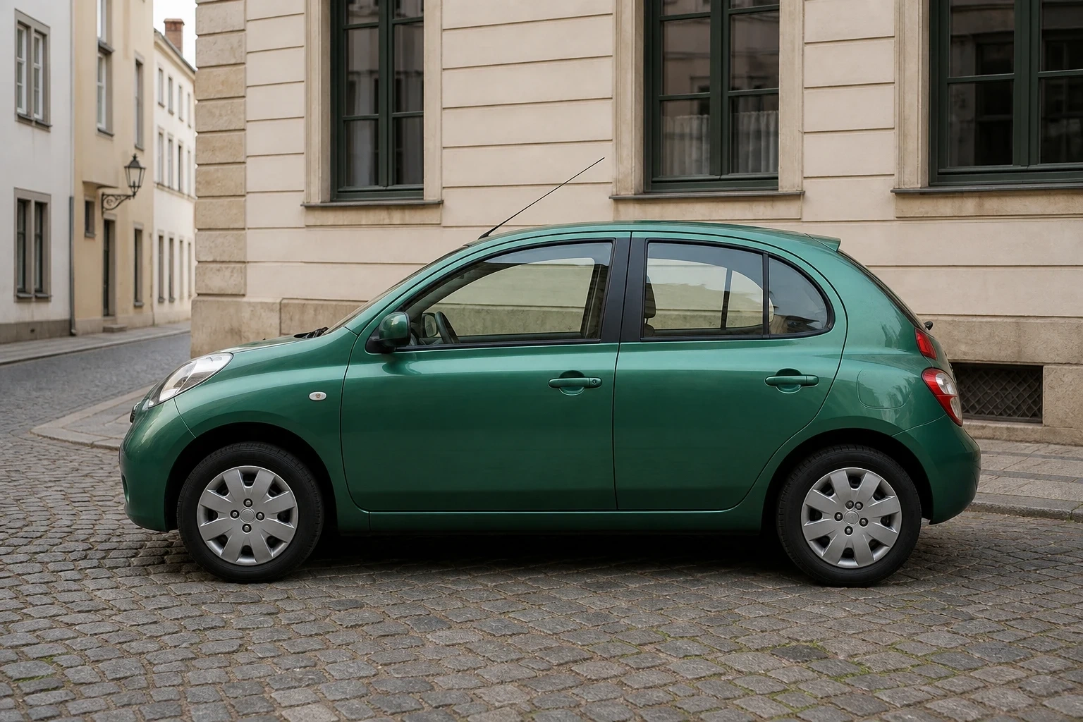 Seitenansicht (Fahrerseite) des Nissan Micra 3. Gen als 5-Türer (Schrägheck) (mit KI erzeugt)