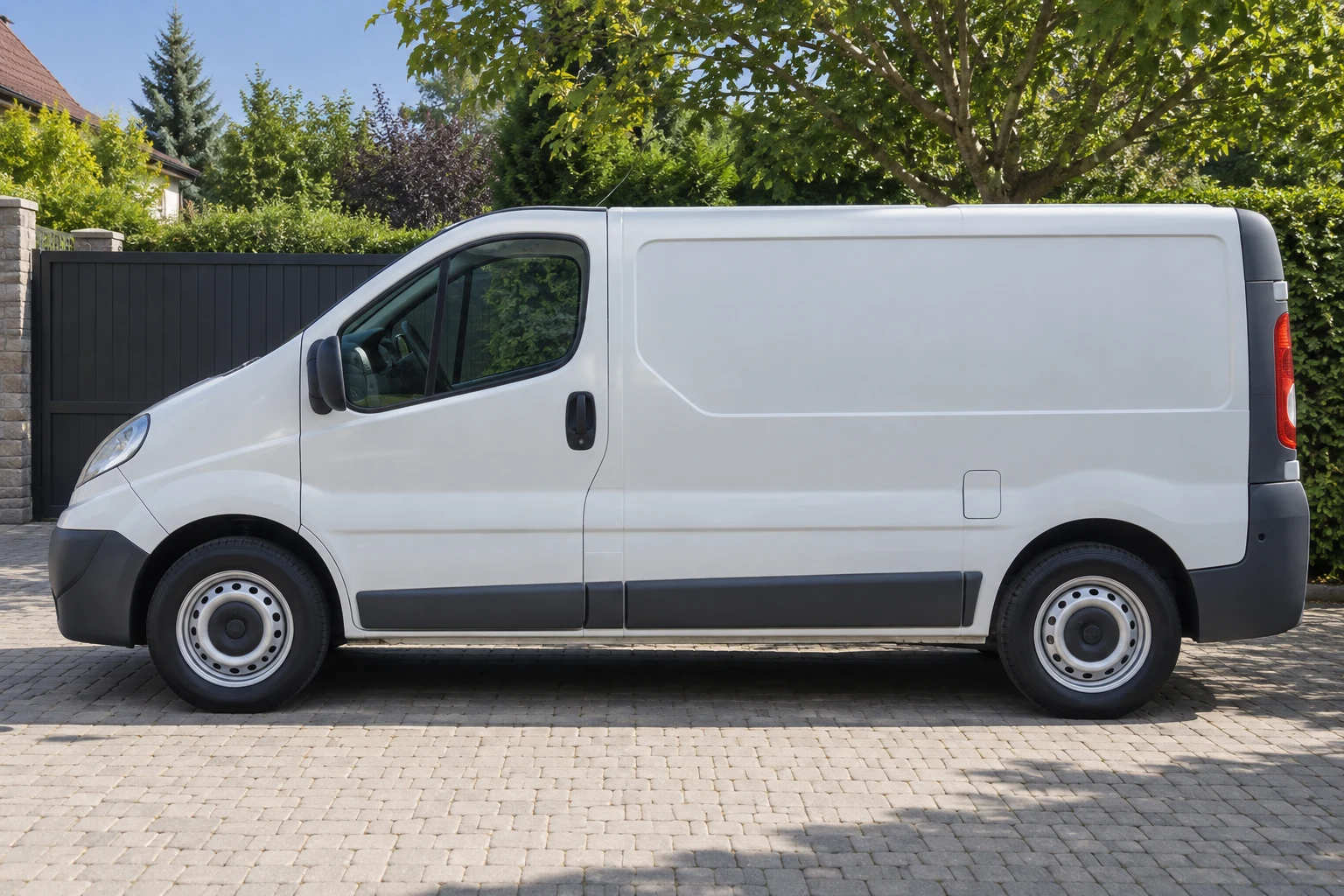 Seitenansicht (Fahrerseite) des Nissan NV300 / Primastar 1 als Kastenwagen (L1/L2) (mit KI erzeugt)