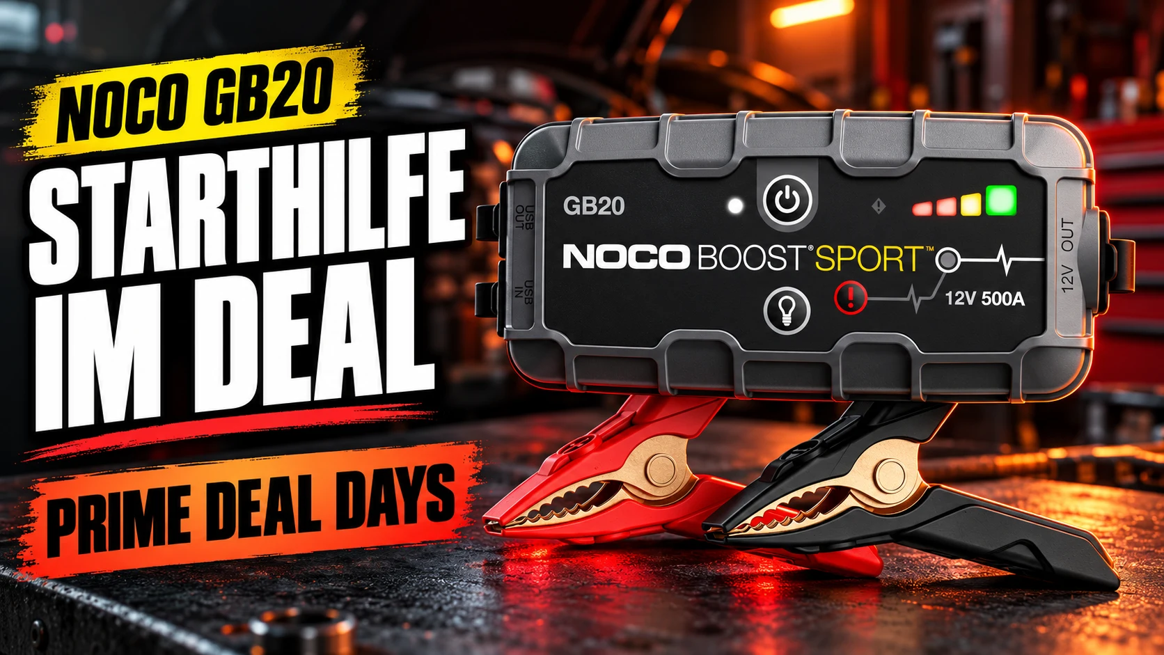 NOCO Boost GB20 mit roten und schwarzen Starthilfeklemmen vor dunkler Werkstattkulisse; dazu die Schriftzüge „Starthilfe im Deal“ und „Prime Deal Days“ (mit KI erzeugt)