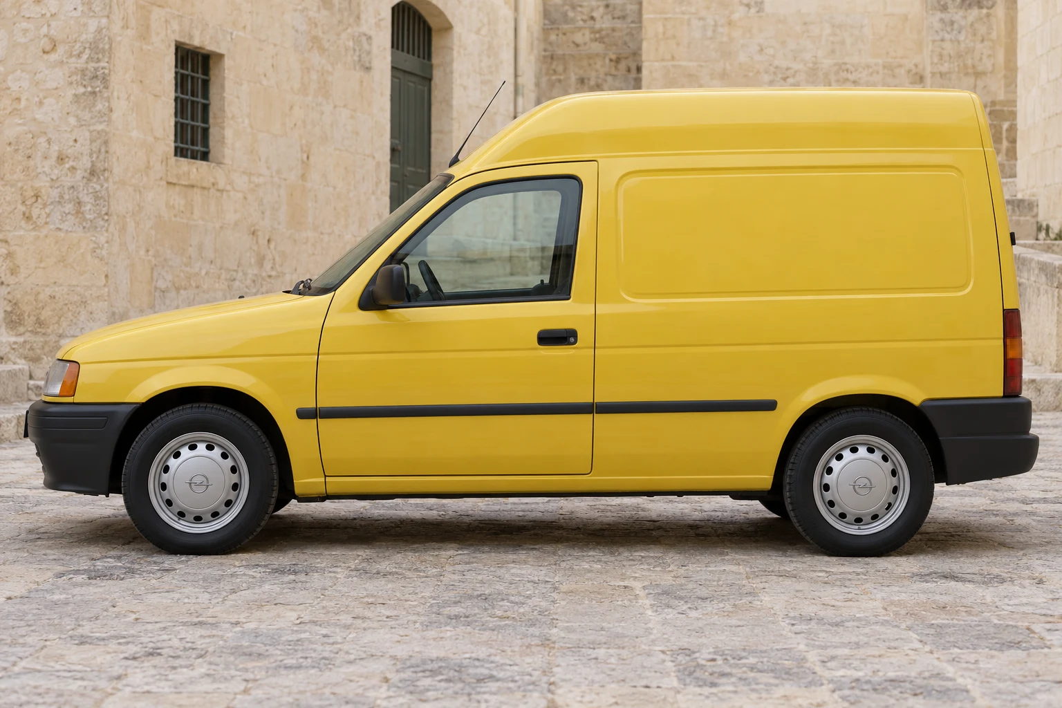 Seitenansicht (Fahrerseite) des Opel Combo A als Kastenwagen mit Hochdach (Flügeltüren) (mit KI erzeugt)