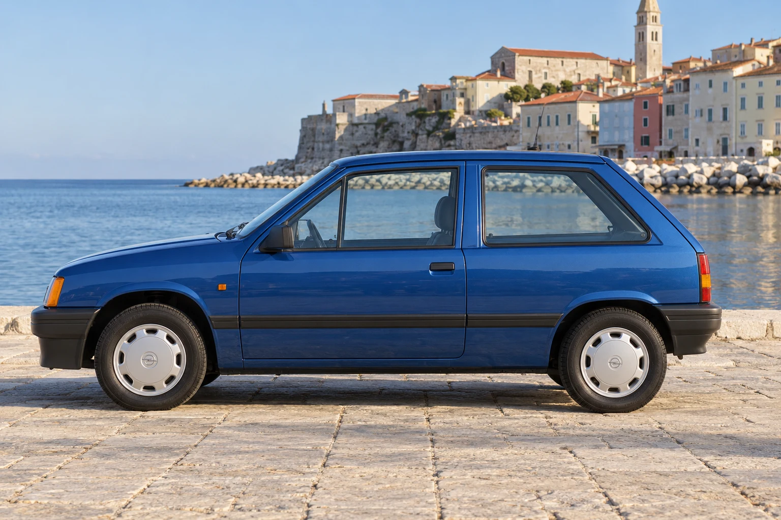 Seitenansicht (Fahrerseite) des Opel Corsa A als CC Schrägheck (3-türig) (mit KI erzeugt)