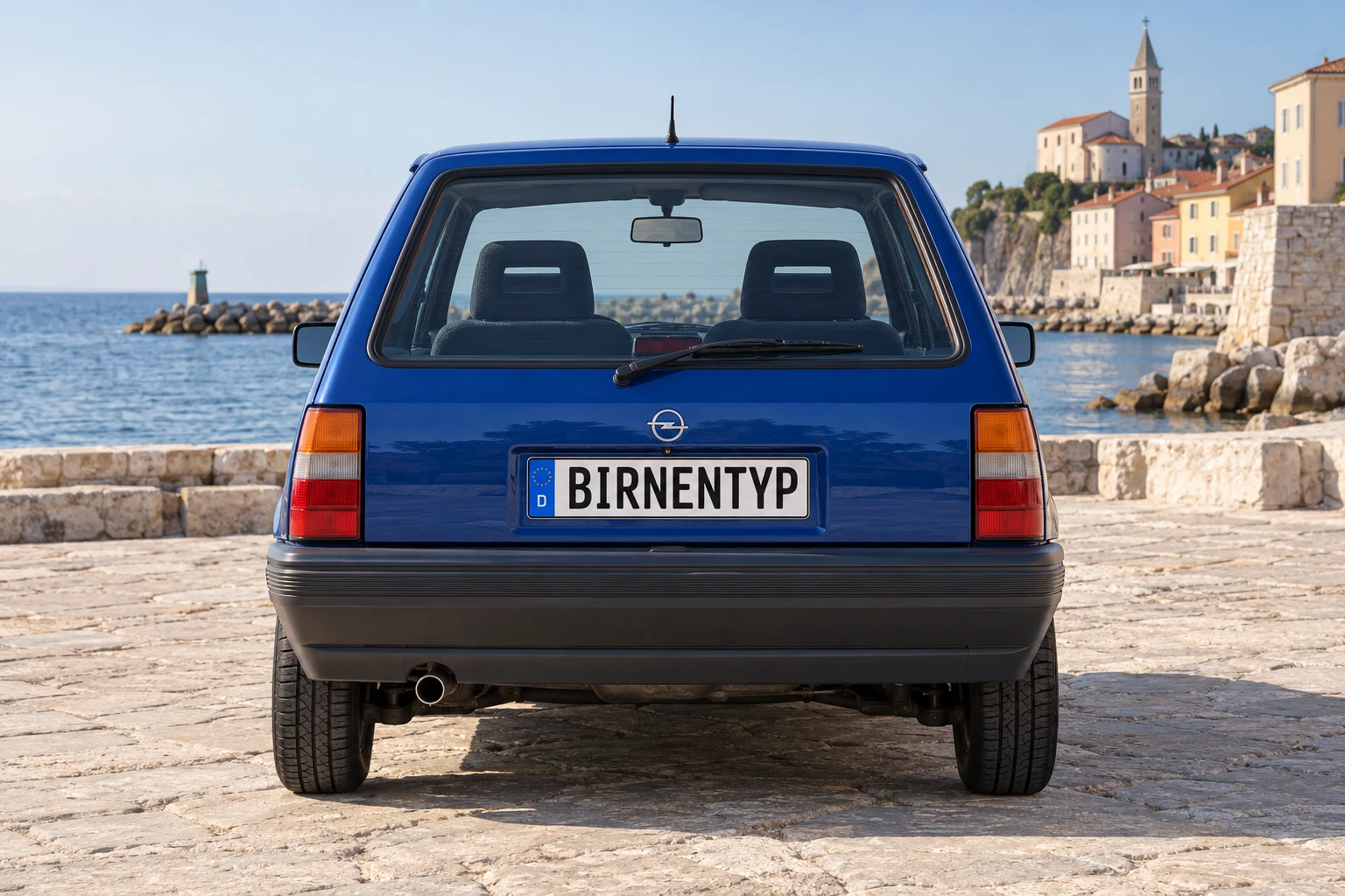 Heck-Ansicht des Opel Corsa A (mit KI erzeugt)