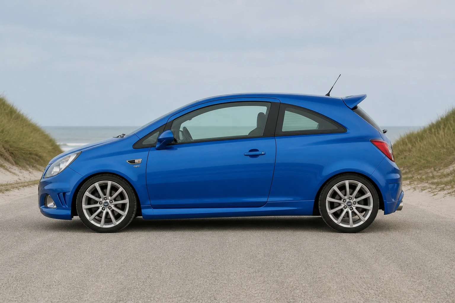 Seitenansicht (Fahrerseite) des Opel Corsa als OPC / Nürburgring Edition (mit KI erzeugt)