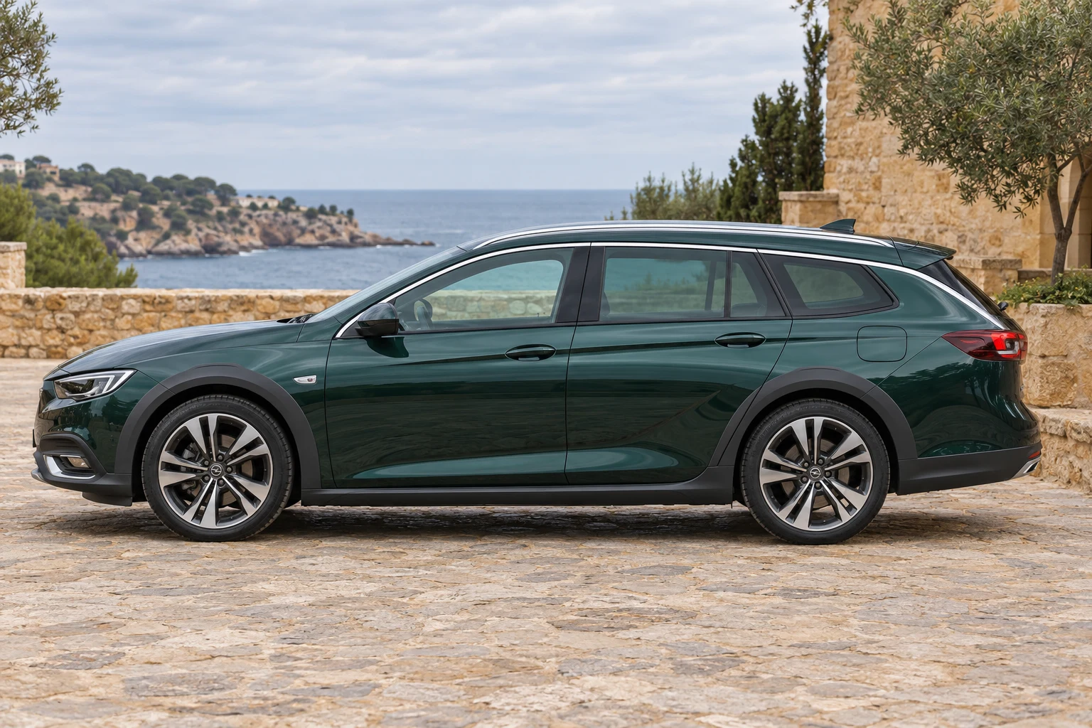 Seitenansicht (Fahrerseite) des Opel Insignia B als Country Tourer (Crossover-Kombi) (mit KI erzeugt)