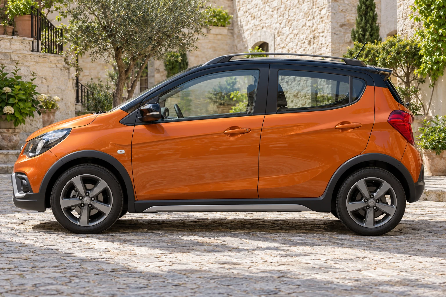 Seitenansicht (Fahrerseite) des Opel Karl A als Karl Rocks (Crossover) (mit KI erzeugt)