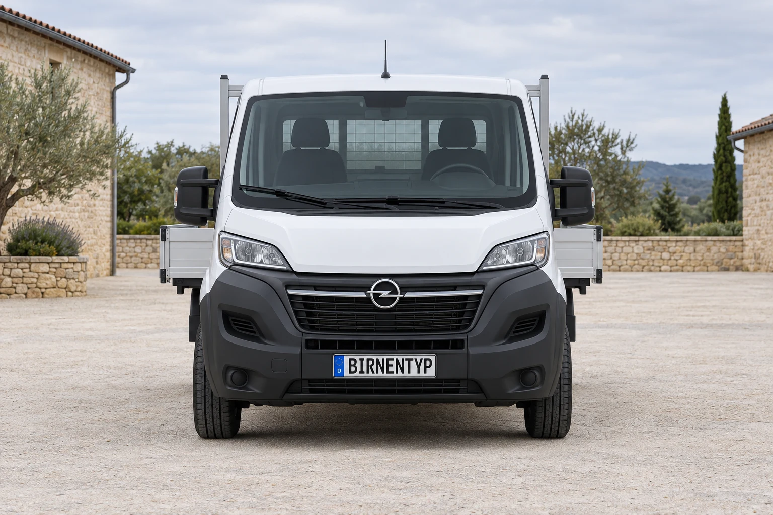 Frontansicht des Opel Movano C (Fahrgestell / Pritsche / Kipper) (mit KI erzeugt)