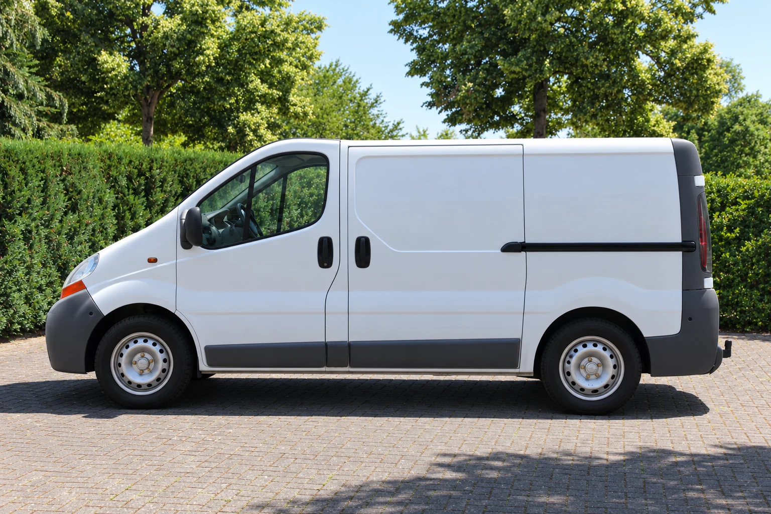 Seitenansicht (Fahrerseite) des Opel Vivaro A als Kastenwagen (L1 / L2, H1 / H2) (mit KI erzeugt)