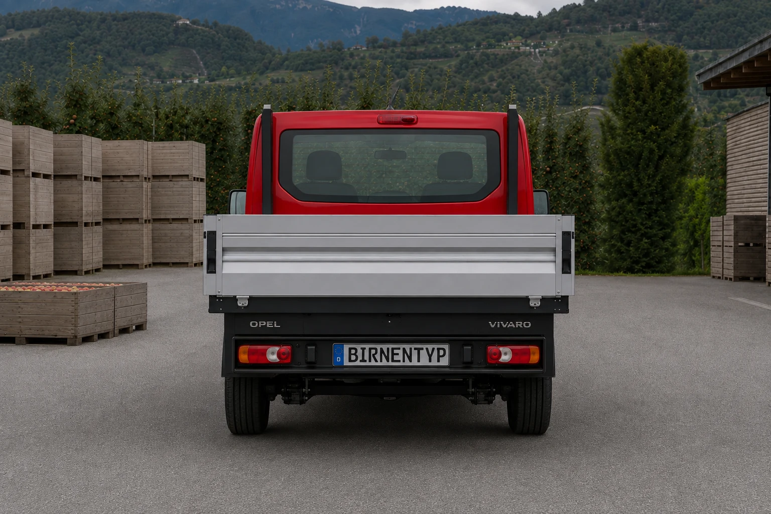 Heck-Ansicht des Opel Vivaro B. Gen (Pritsche / Fahrgestell) (mit KI erzeugt)