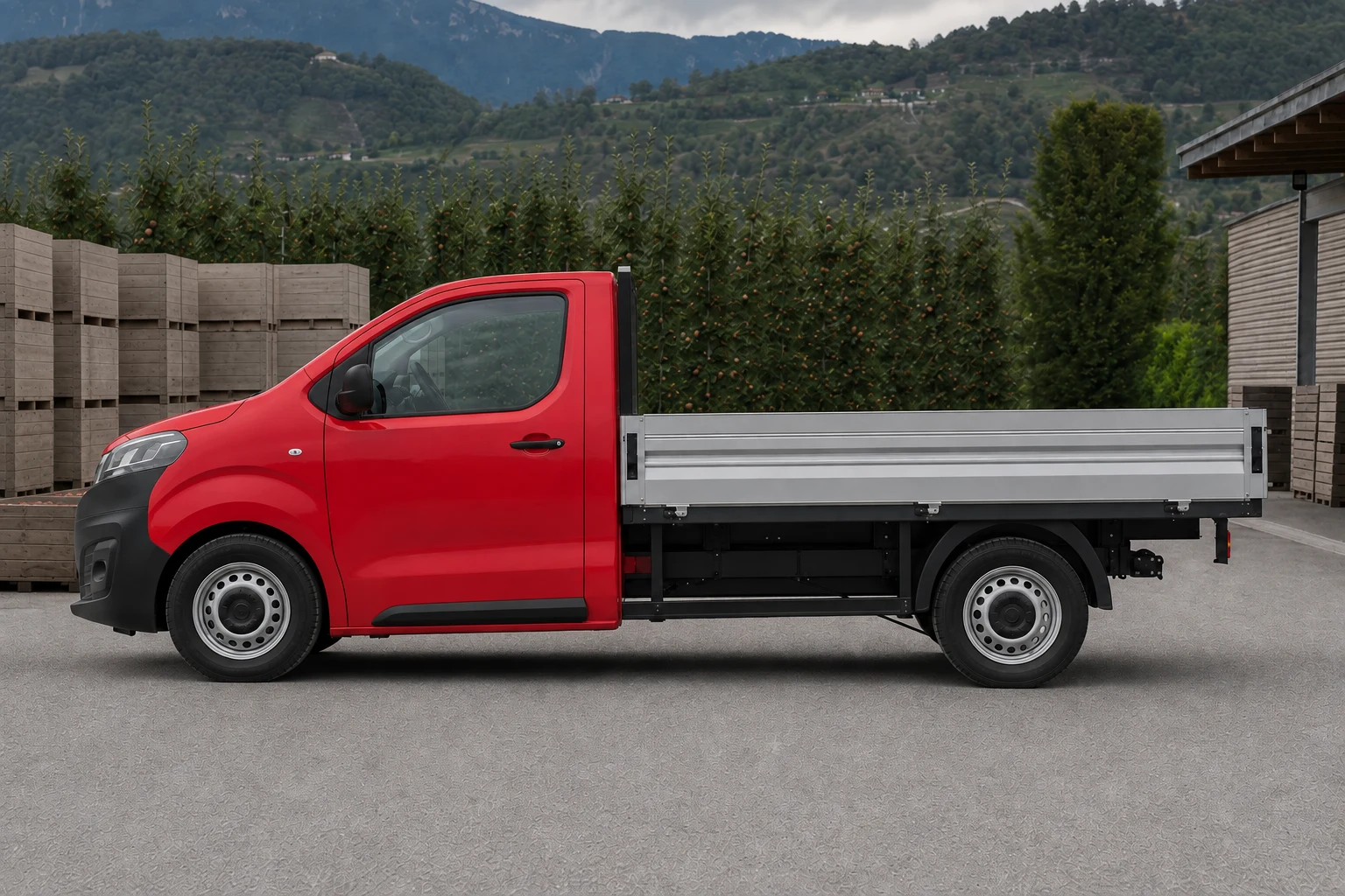 Seitenansicht (Fahrerseite) des Opel Vivaro B. Gen als Pritsche / Fahrgestell (mit KI erzeugt)