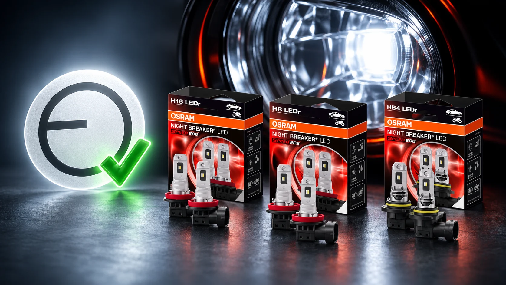 Die drei OSRAM NIGHT BREAKER LED SPEED ECE Leuchtmittel H8, HB4 und H16 vor einem beleuchteten Nebelscheinwerfer mit grünem Zulassungs-Häkchen (mit KI erzeugt)
