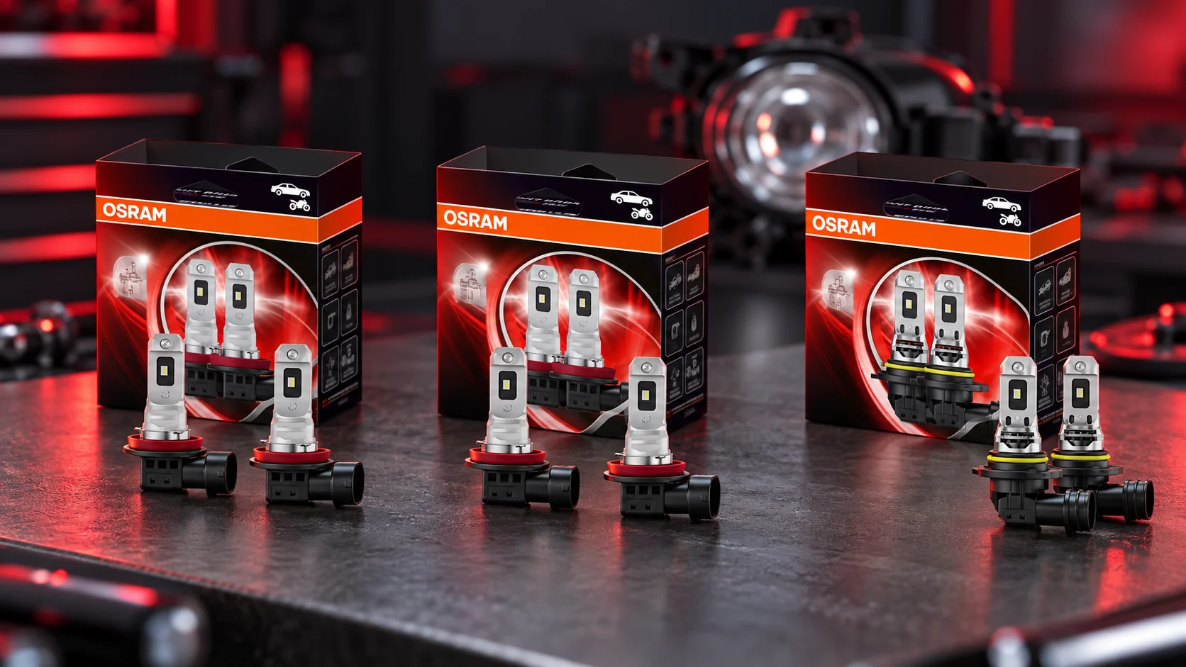 Drei OSRAM NIGHT BREAKER LED SPEED ECE Produktsets mit jeweils passenden LED-Leuchtmitteln für H8, HB4 und H16 (mit KI erzeugt)