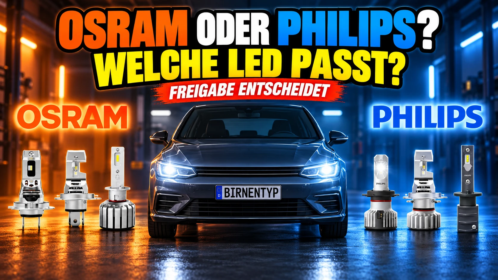 YouTube-Thumbnail: OSRAM oder PHILIPS? Welche LED passt? Vor einem Auto stehen je drei LED-Nachrüstlampen von Osram und Philips; ein Banner erklärt, dass die Freigabe entscheidet. (mit KI erzeugt)