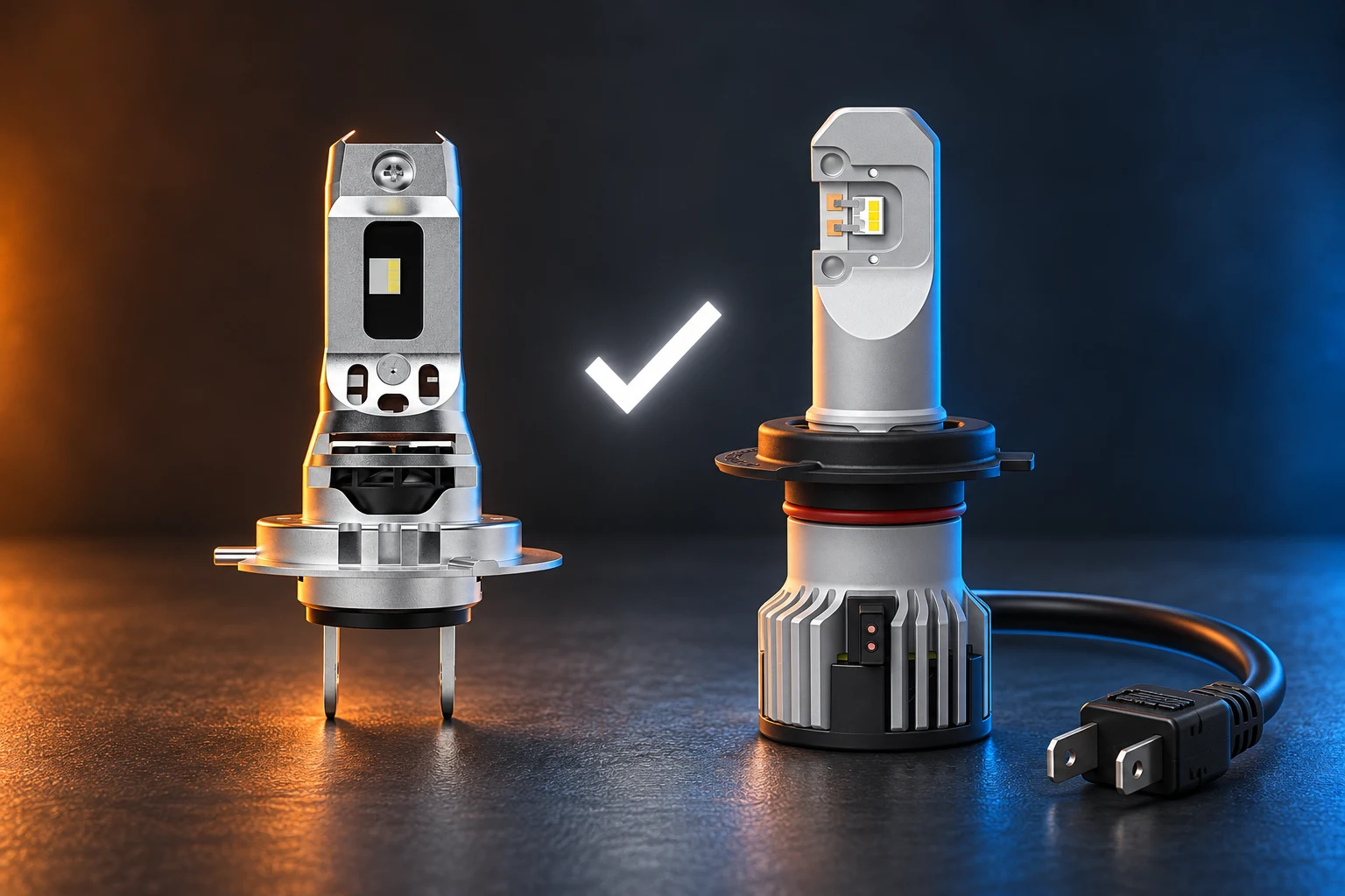 Eine kompakte OSRAM NIGHT BREAKER LED SPEED H7 450 ohne Anschlusskabel und eine Philips Ultinon Pro6000 Boost H7 mit sichtbarem Anschlusskabel stehen nebeneinander; ein Häkchen symbolisiert die geprüfte Auswahl. (mit KI erzeugt)
