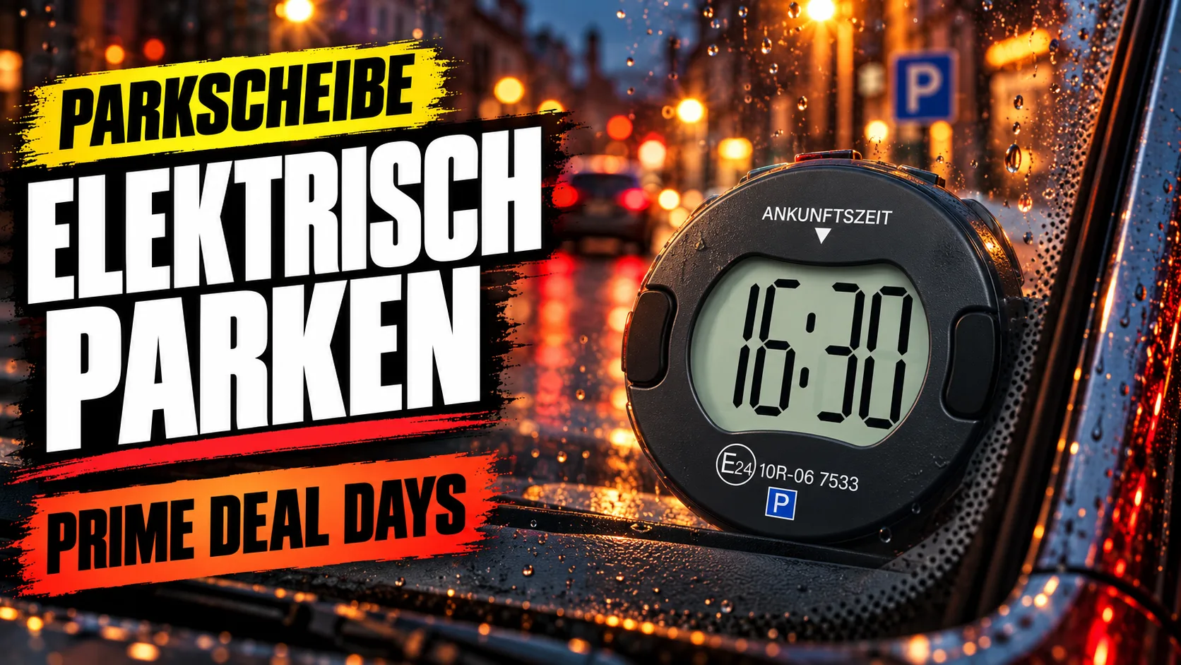 Elektronische Parkscheibe Parkturon PT01 mit der Anzeige 16:30 hinter einer verregneten Windschutzscheibe; dazu die Schriftzüge „Parkscheibe“, „Elektrisch parken“ und „Prime Deal Days“ (mit KI erzeugt)