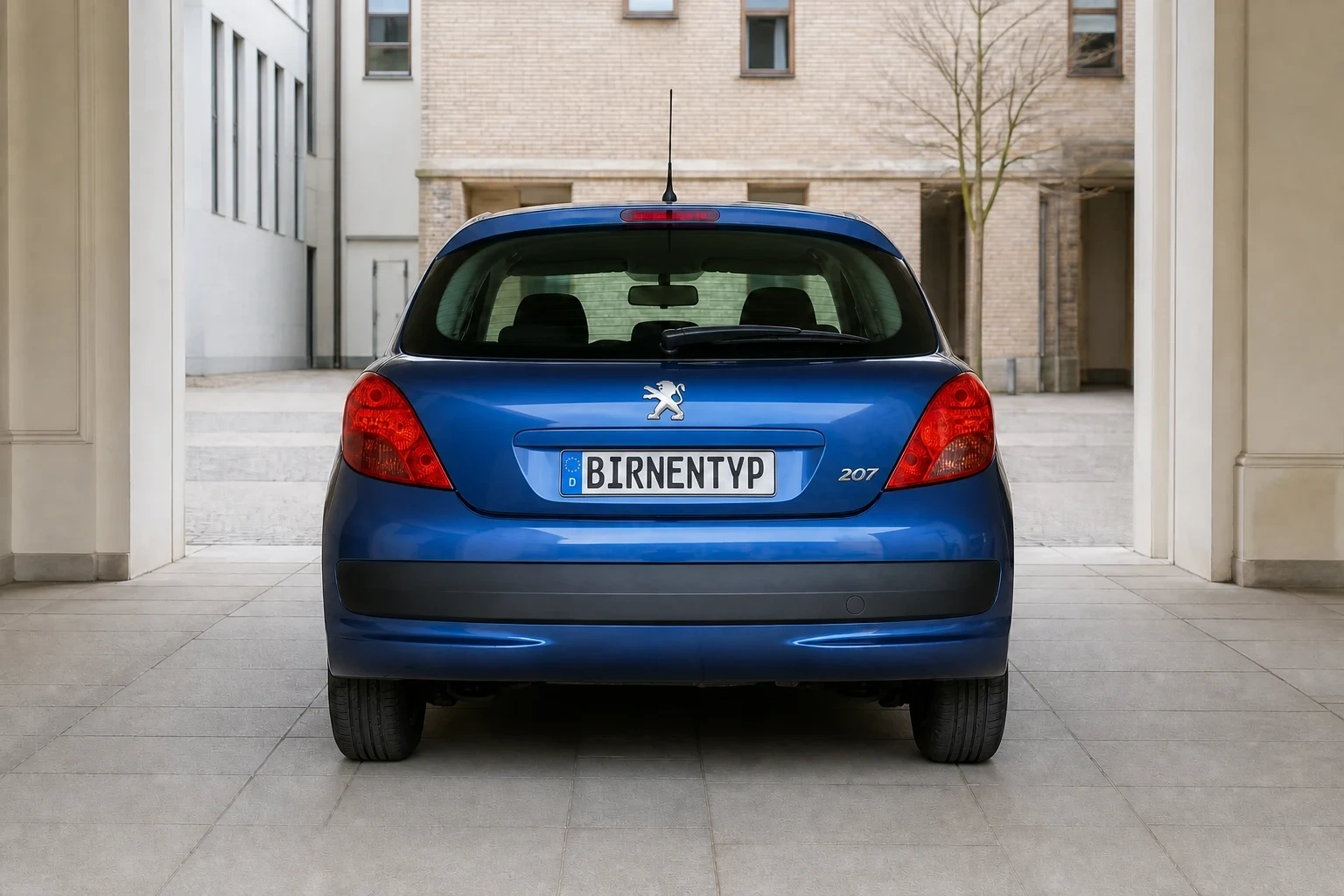 Heck-Ansicht des Peugeot 207 1. Gen (mit KI erzeugt)