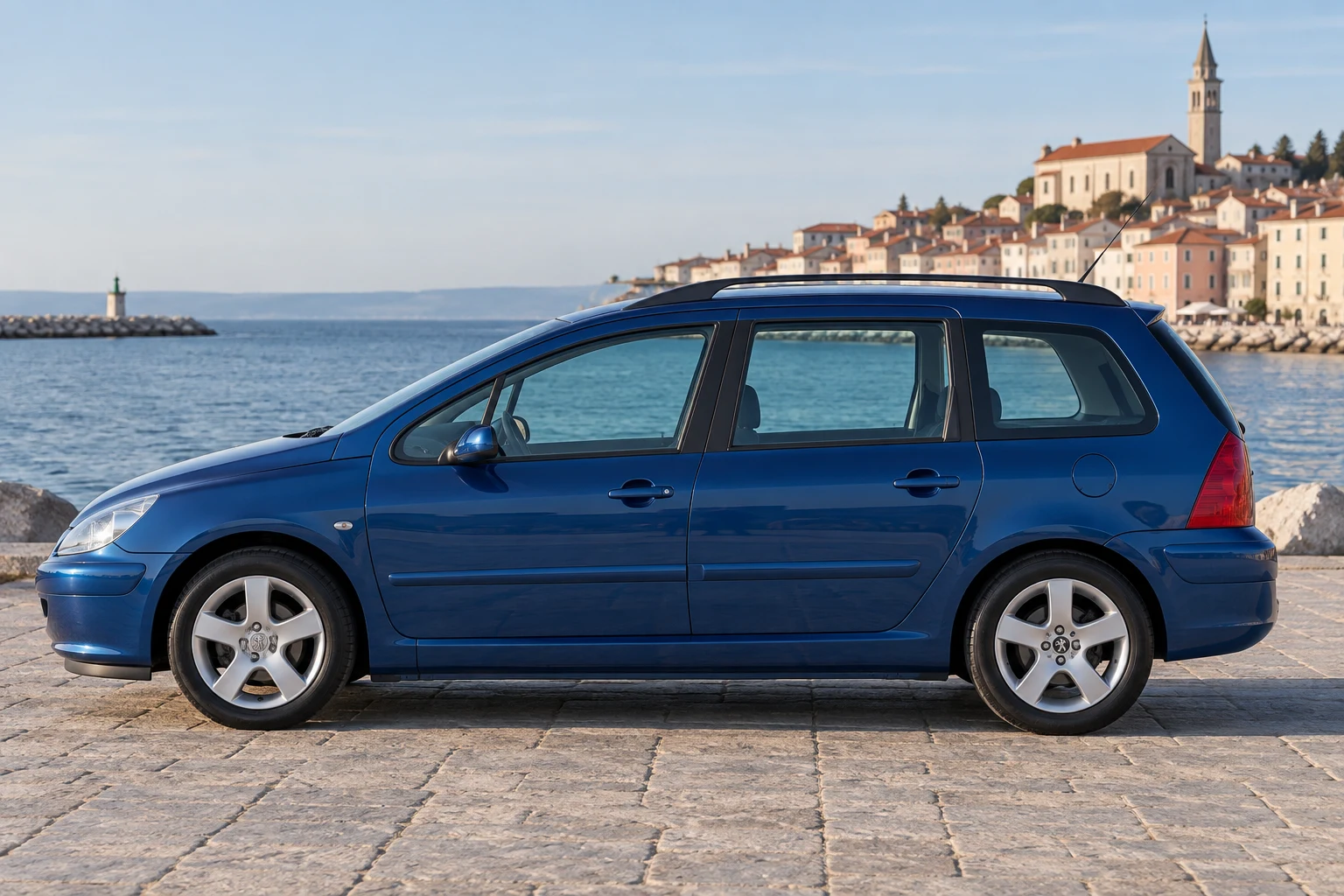 Seitenansicht (Fahrerseite) des Peugeot 307 1 als SW / Kombi (mit KI erzeugt)