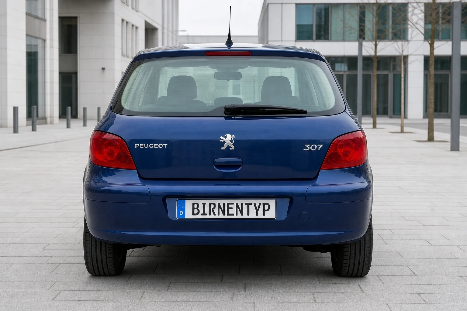 Heck-Ansicht des Peugeot 307 1. Gen (mit KI erzeugt)