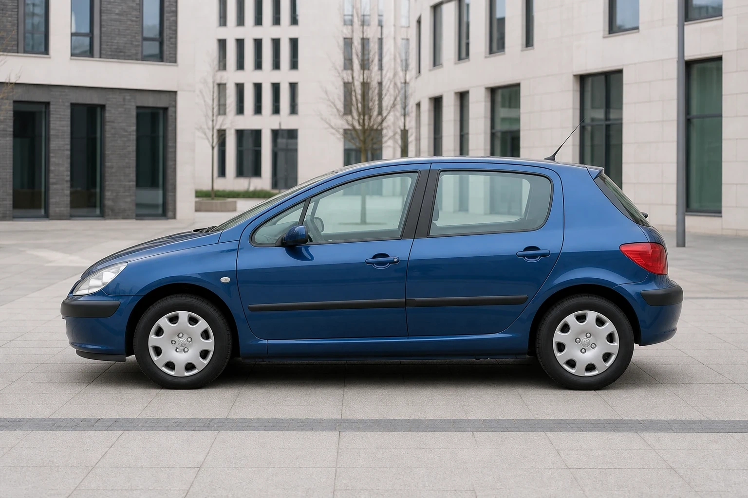 Seitenansicht (Fahrerseite) des Peugeot 307 1. Gen als 3-, 5-Türer (mit KI erzeugt)
