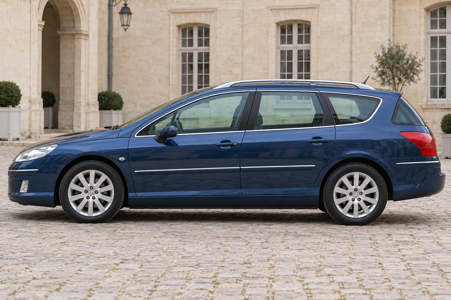 Seitenansicht (Fahrerseite) des Peugeot 407 1 als SW (Kombi) (mit KI erzeugt)