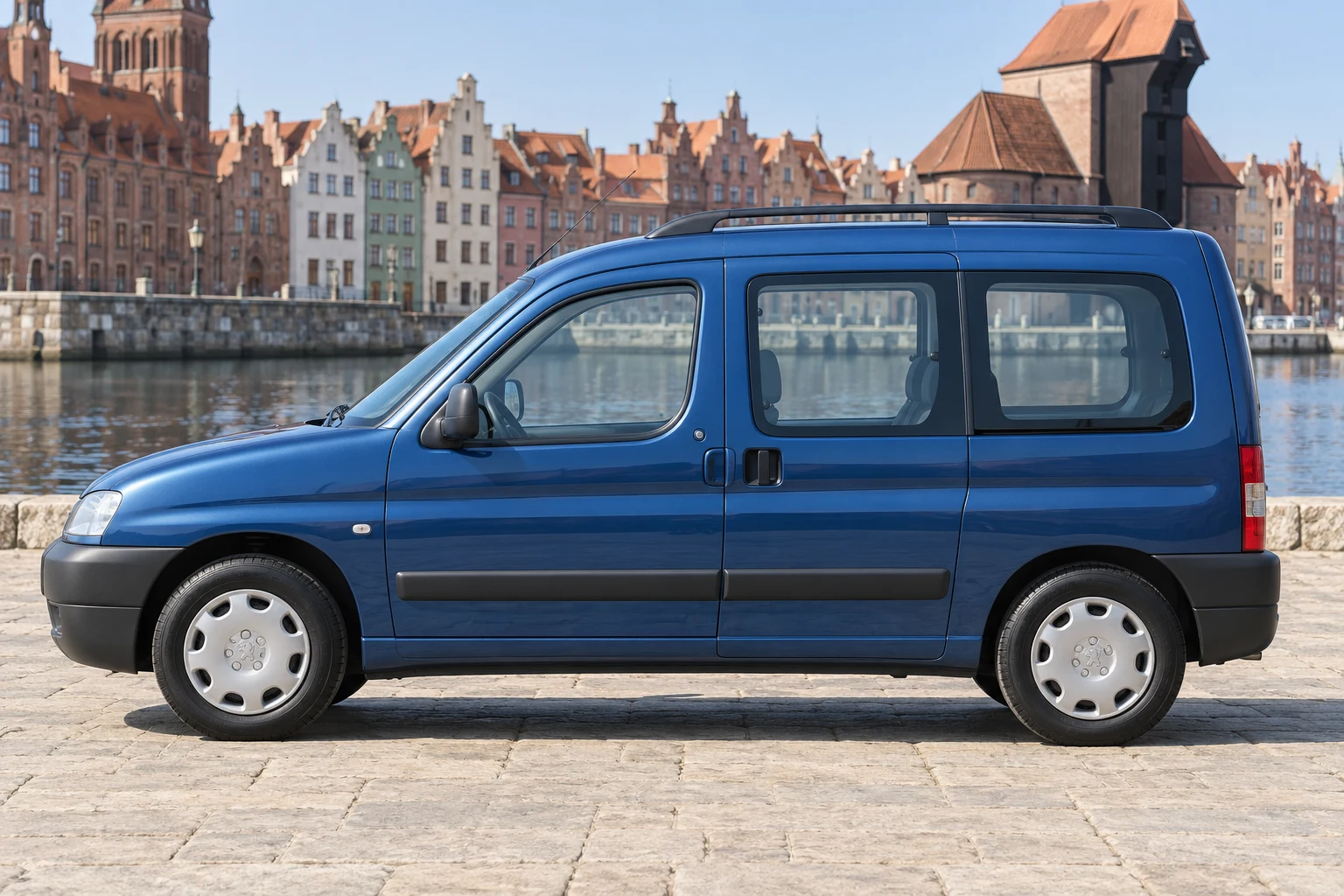 Seitenansicht (Fahrerseite) des Peugeot Partner Origin 1 als Kombi (mit KI erzeugt)